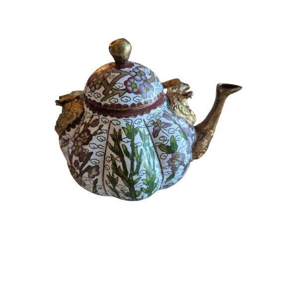 Vintage Cloisonne Enamel Teapot with Lid and Gold Handle Floral White Gold Blue - Picture 3 of 6